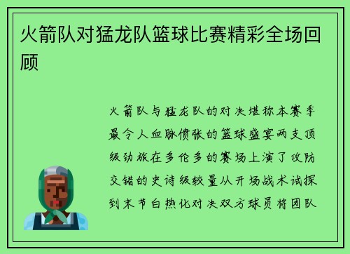 火箭队对猛龙队篮球比赛精彩全场回顾